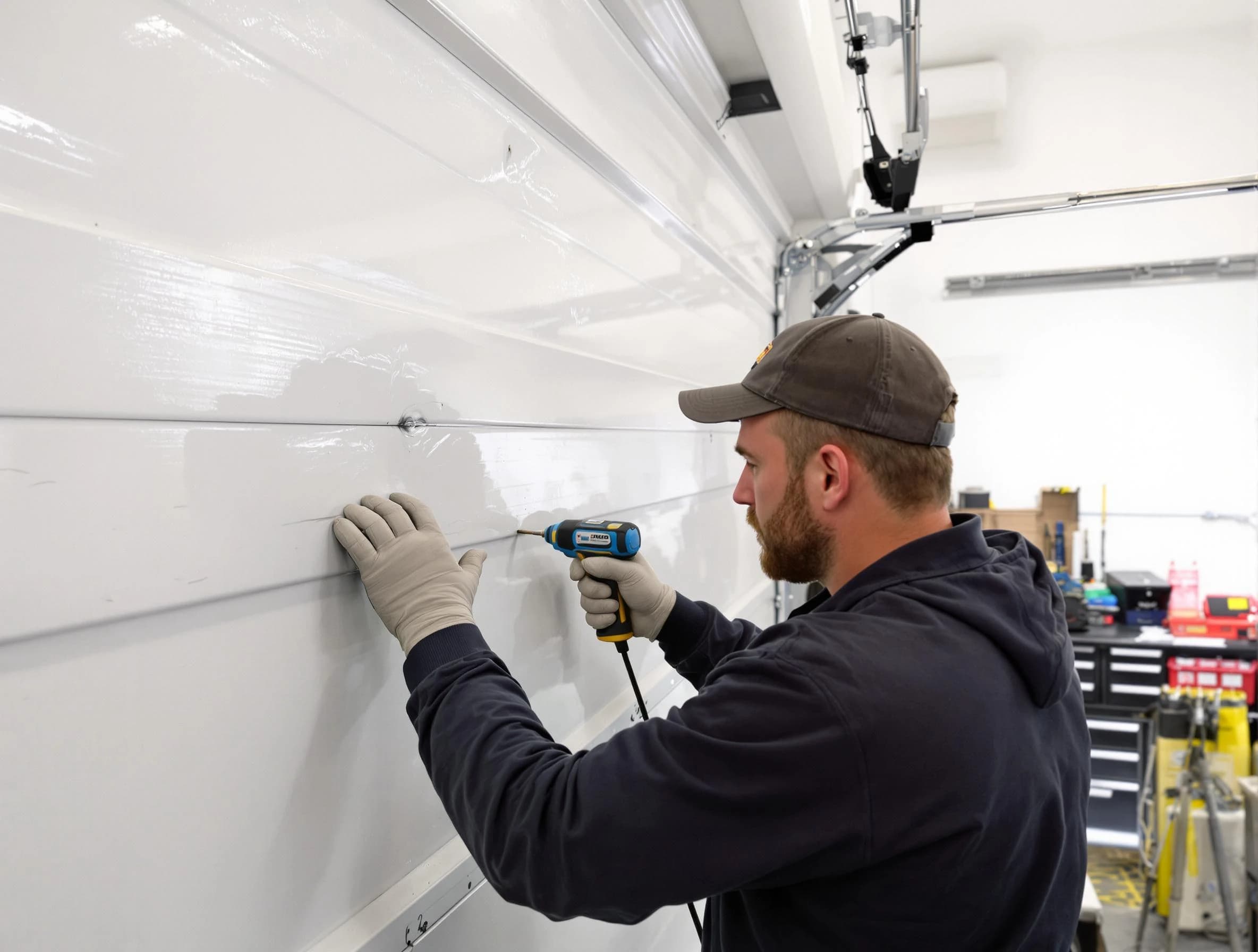 Centennial Garage Door Repair technician demonstrating precision dent removal techniques on a Centennial garage door